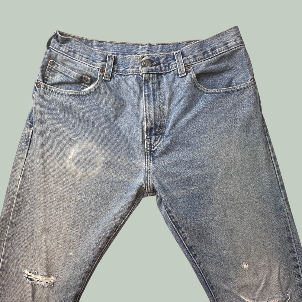 Levi's 517 Jeans Mens 32x34 Slim Bootcut Blue Distressed Frayed Hem Denim Fair